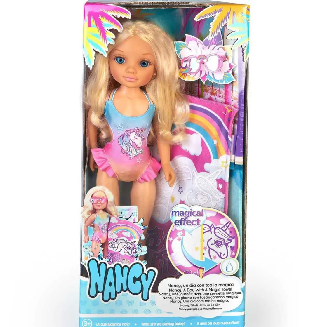NANCY - Muñeca con toalla mágica, pelo rubio largo, accesorios veraniegos y unicornio