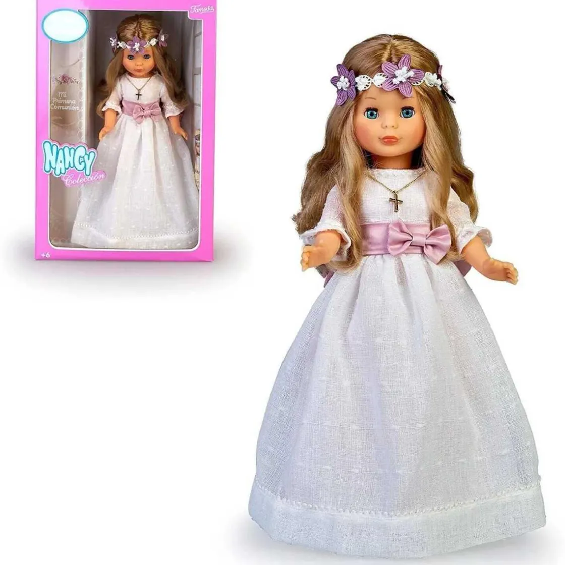 NANCY - Muñeca de colección para Primera Comunión con vestido blanco y corona de flores, rubia, Reedición 2023