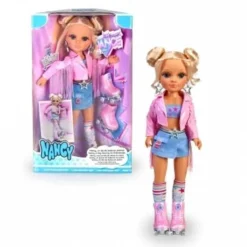 NANCY - Muñeca patinadora con accesorios y chaqueta rosa, para niños y niñas* Muñecas