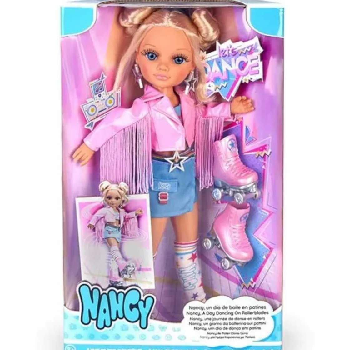 NANCY - Muñeca patinadora con accesorios y chaqueta rosa, para niños y niñas* Muñecas