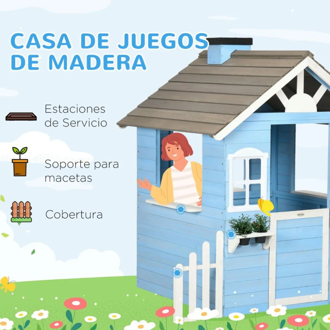 Outsunny - Casa de madera infantil Azul