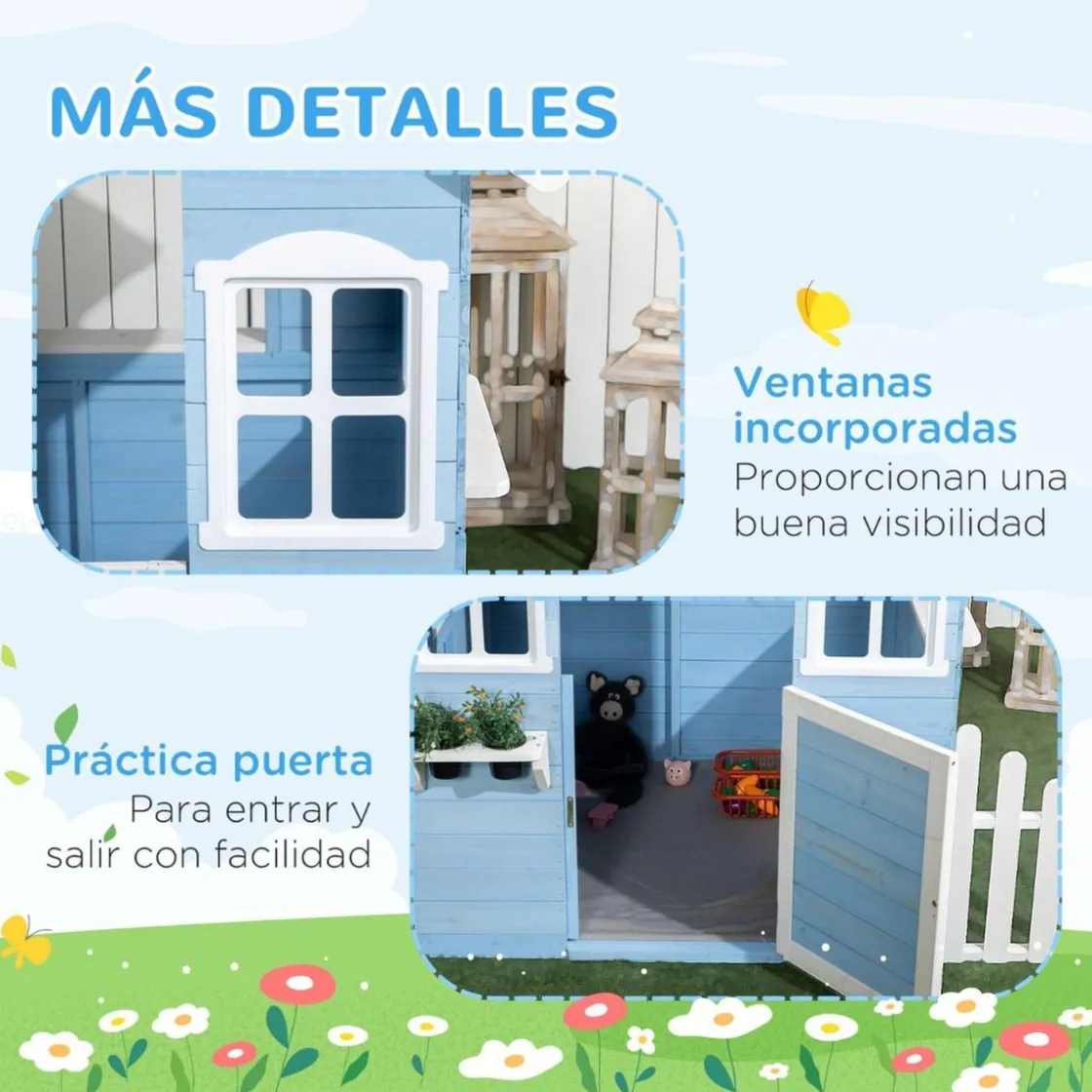 Outsunny - Casa de madera infantil Azul