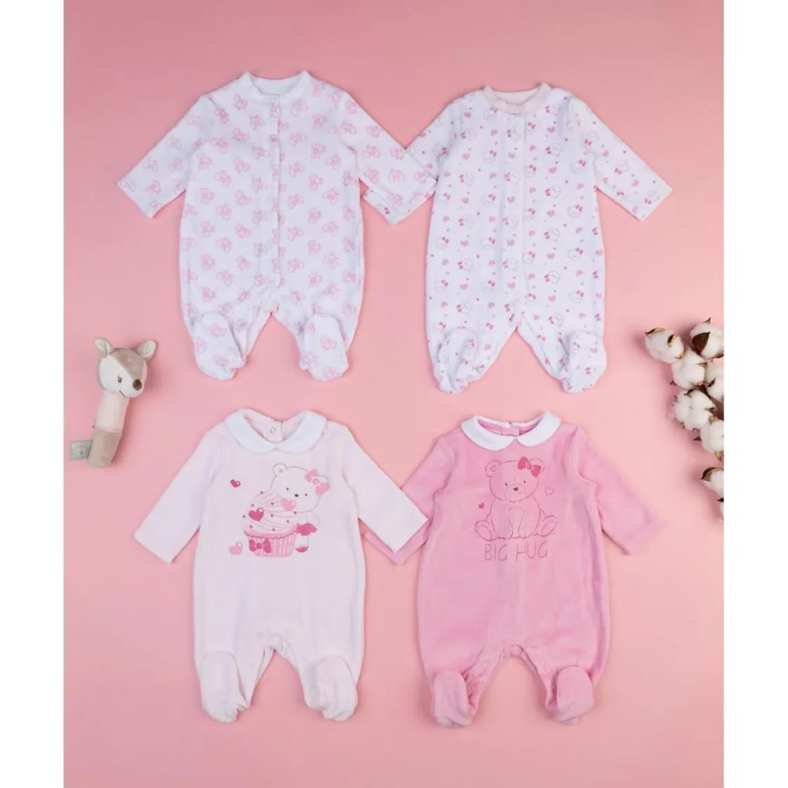 Prenatal Pack 2 pijamas enteros en felpa blanco y rosa