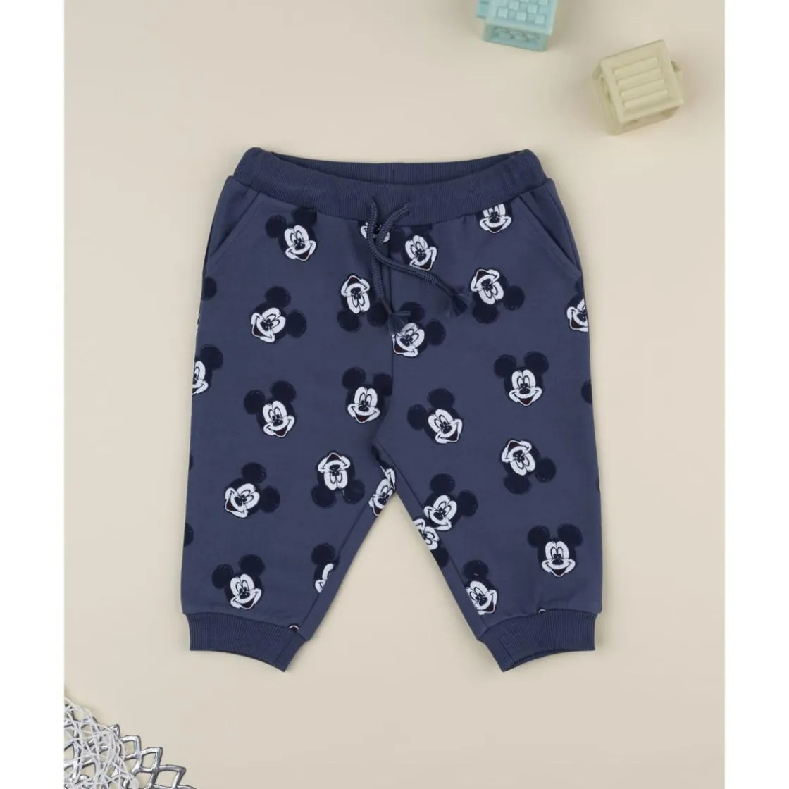Prenatal Pantalón azul de niño en felpa con estampado de Mickey Mouse