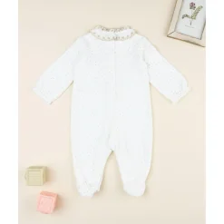 Prenatal Pelele bebé de terciopelo blanco con bordado dorado