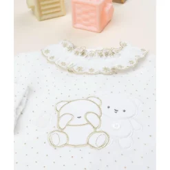 Prenatal Pelele bebé de terciopelo blanco con bordado dorado