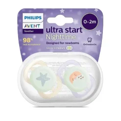 AVENT Philips - 2 chupetes nocturnos Ultra Start niña lila y amarillo (0-2m)