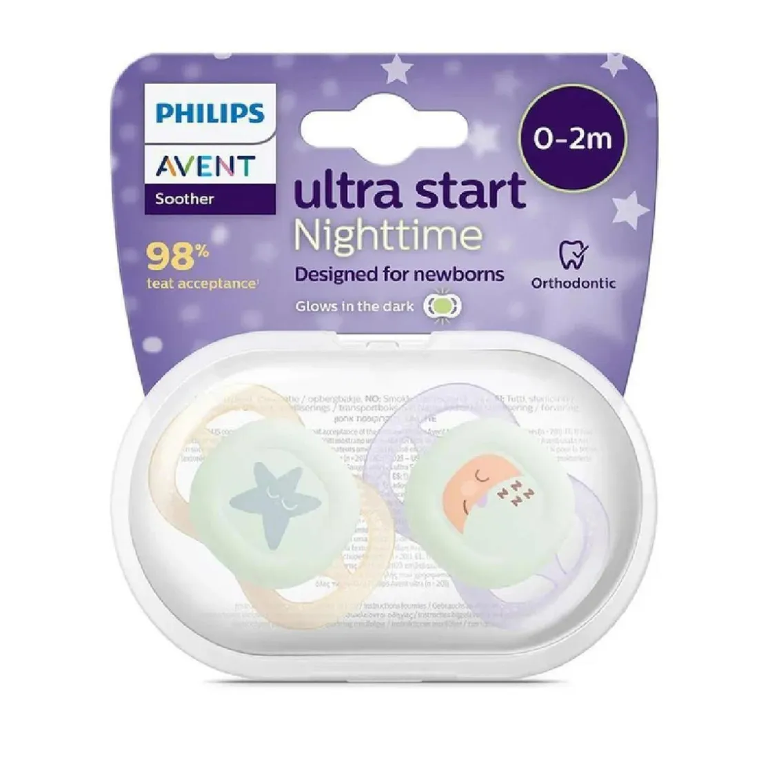 AVENT Philips - 2 chupetes nocturnos Ultra Start niña lila y amarillo (0-2m)