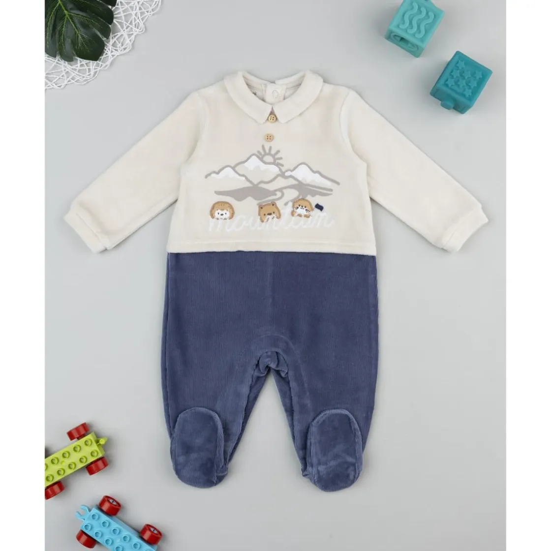 Prenatal Pijama bicolor de bebé en terciopelo con estampado "Mountain"* Ropa Y Accesorios·Peleles|Recién Nacido·Ropa Y Accesorios