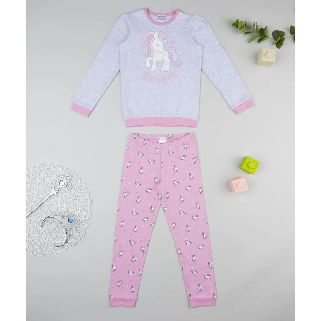 Prenatal Pijama dos piezas para niña gris y rosa con unicornios
