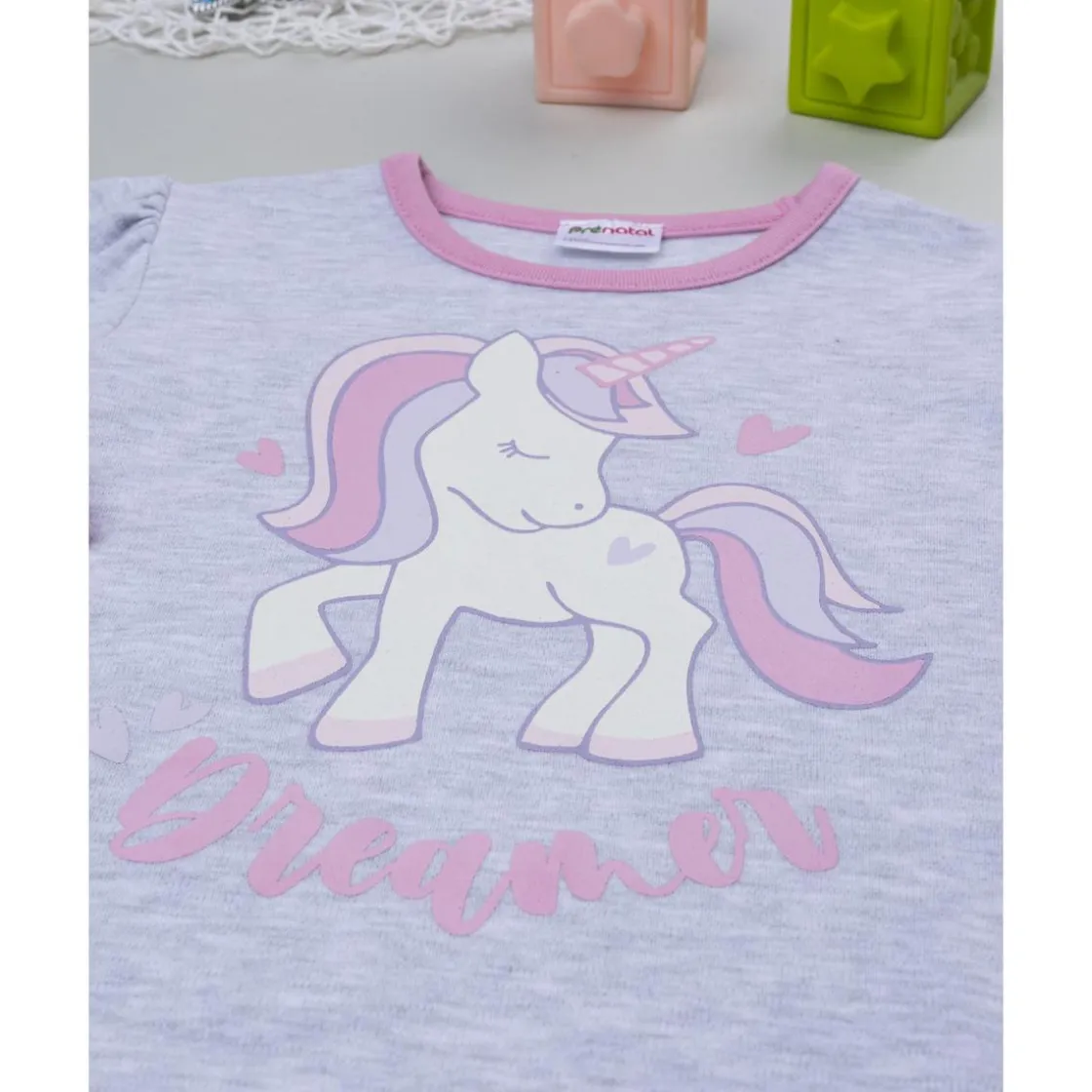 Prenatal Pijama dos piezas para niña gris y rosa con unicornios