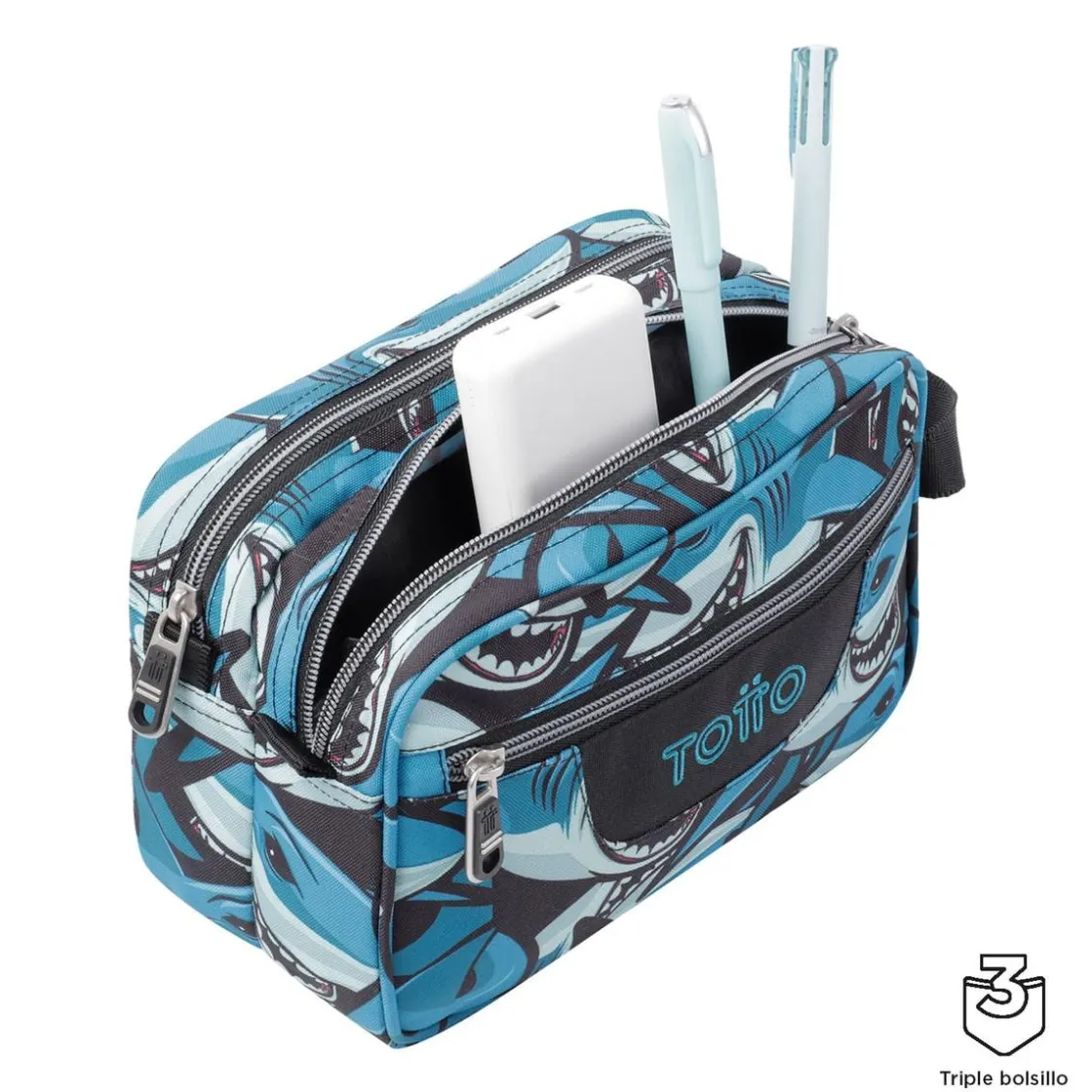 TOTTO - Estuche escolar tres compartimentos tiburones Plastilina* Material Escolar
