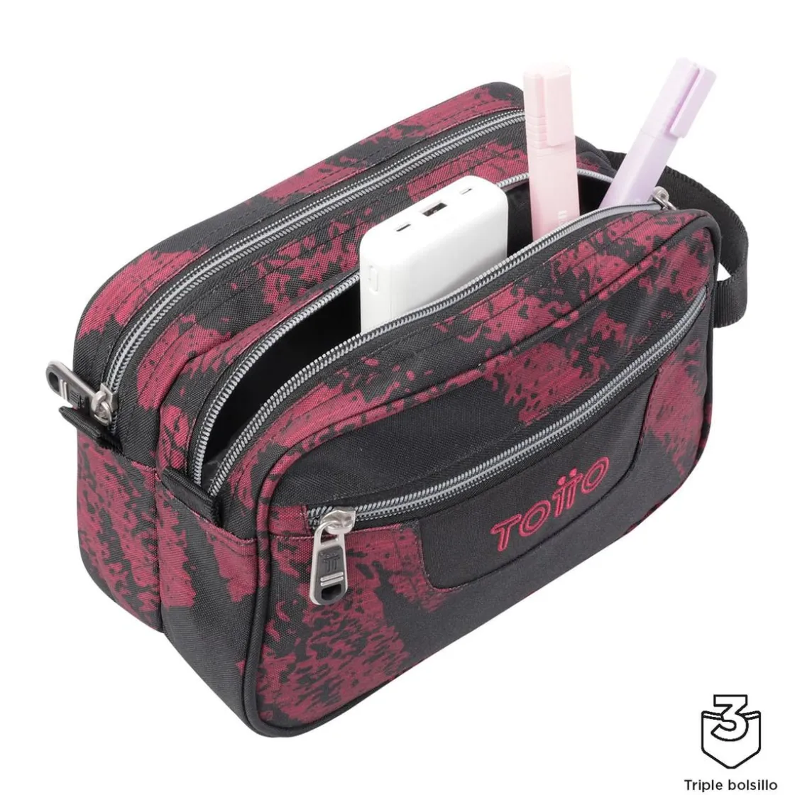 TOTTO - Estuche escolar tres compartimentos tiza roja Plastilina* Material Escolar