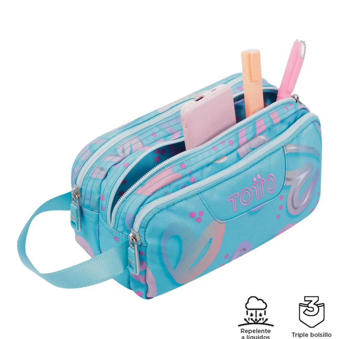 TOTTO - Estuche escolar tres compartimentos corazones pintados Agapec* Material Escolar