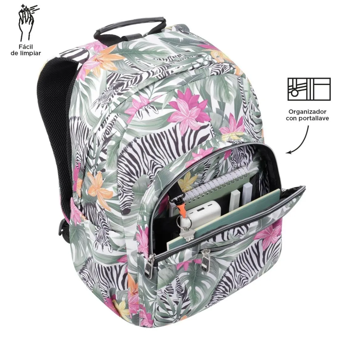 TOTTO - Mochila escolar adaptable a carro tropical cebras Acuareles