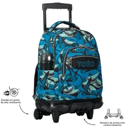 TOTTO - Mochila escolar con ruedas tiburones Renglones* Material Escolar