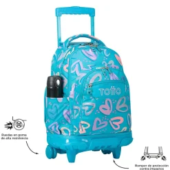 TOTTO - Mochila escolar con ruedas corazones pintados Renglones* Material Escolar