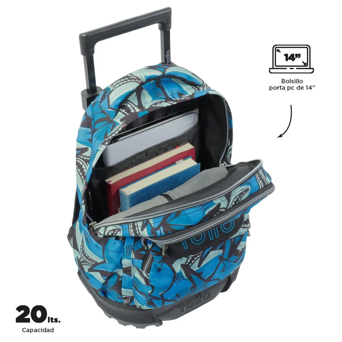 TOTTO - Mochila escolar pequeña ruedas tiburones Resma* Material Escolar