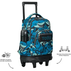 TOTTO - Mochila escolar pequeña ruedas tiburones Resma* Material Escolar