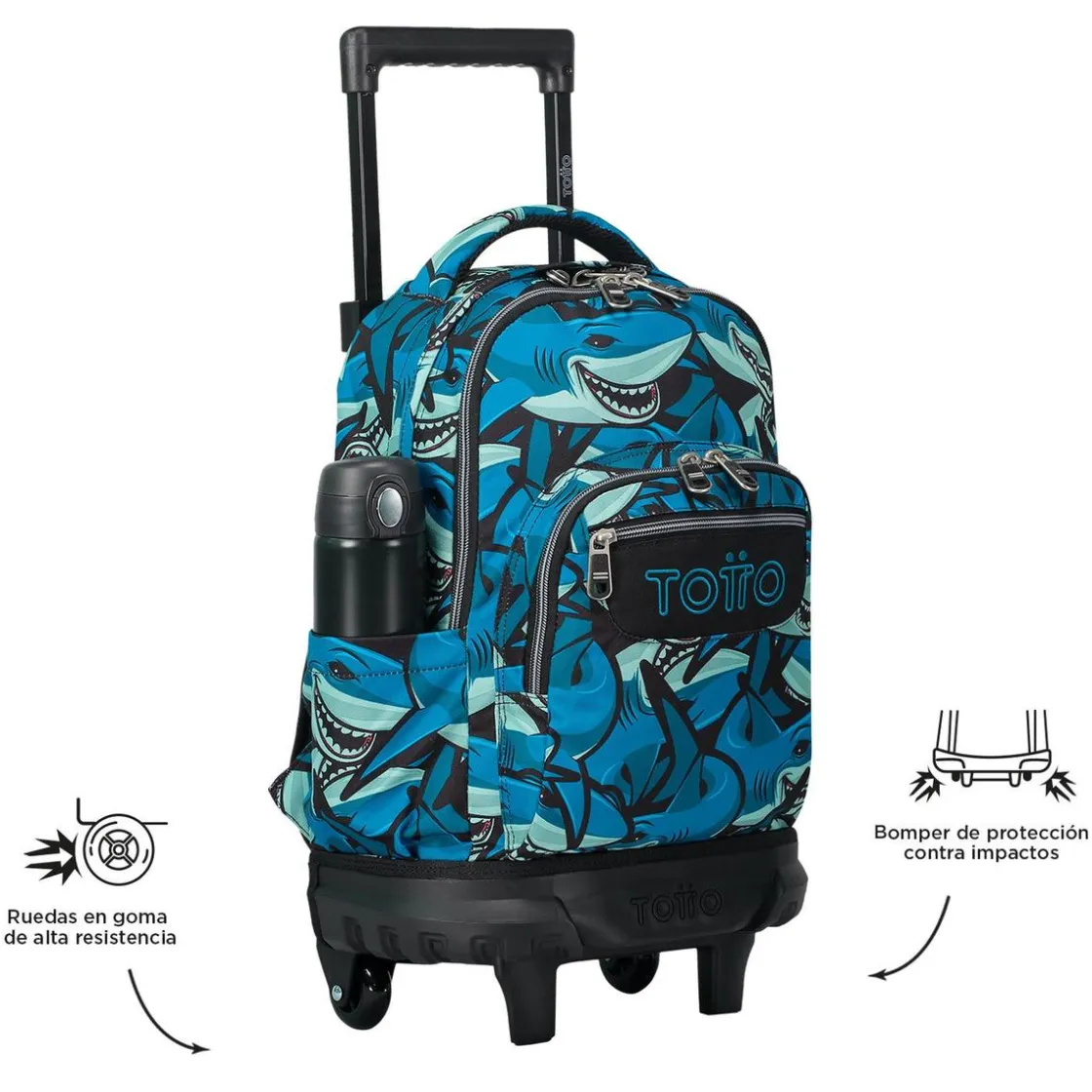 TOTTO - Mochila escolar pequeña ruedas tiburones Resma* Material Escolar