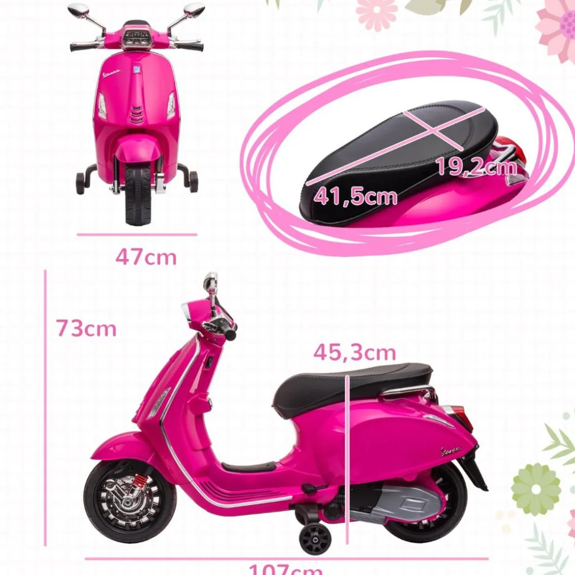 AIYAPLAY Vespa 6V con música, radio FM y ruedines Rosa