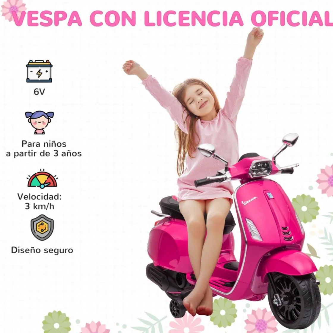 AIYAPLAY Vespa 6V con música, radio FM y ruedines Rosa