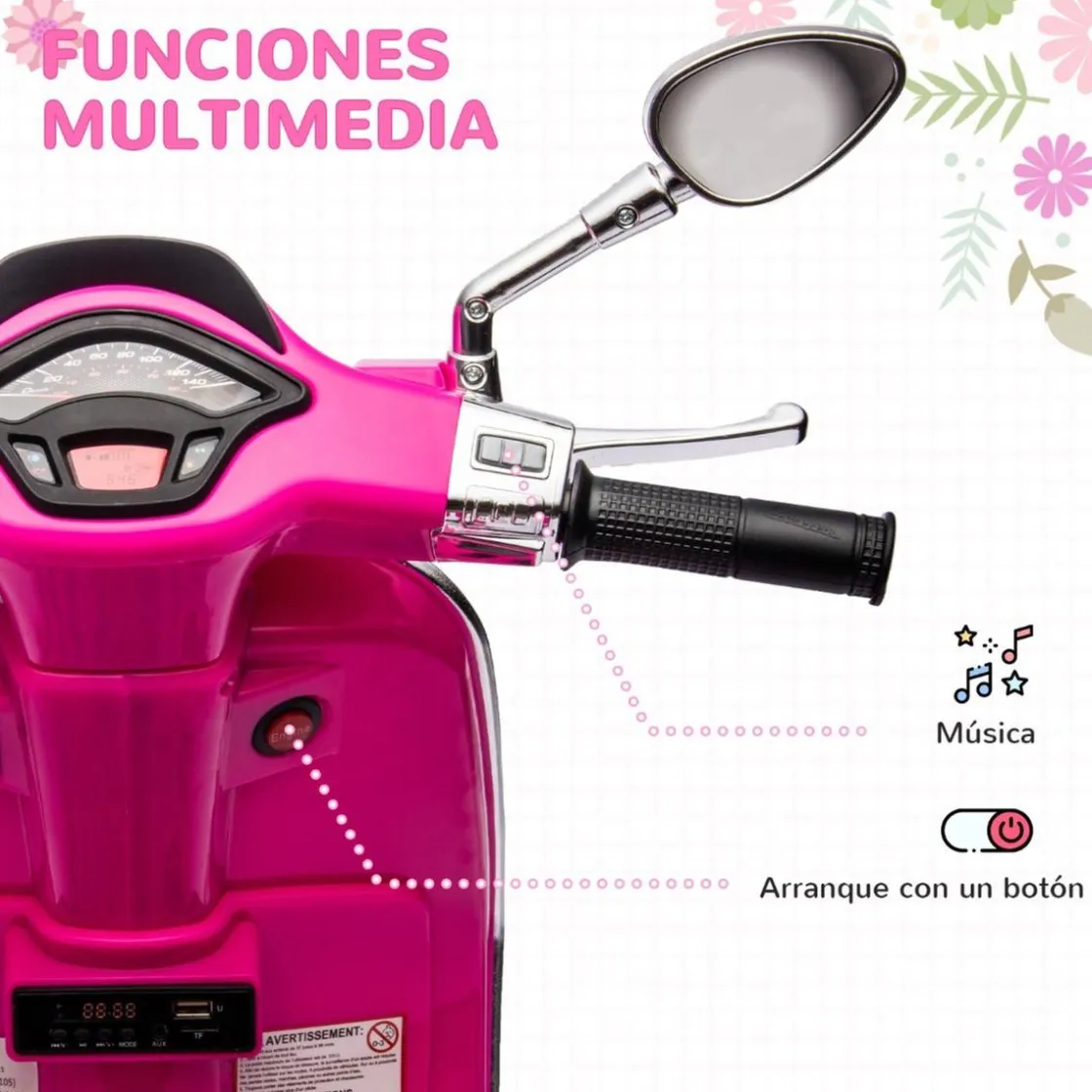 AIYAPLAY Vespa 6V con música, radio FM y ruedines Rosa
